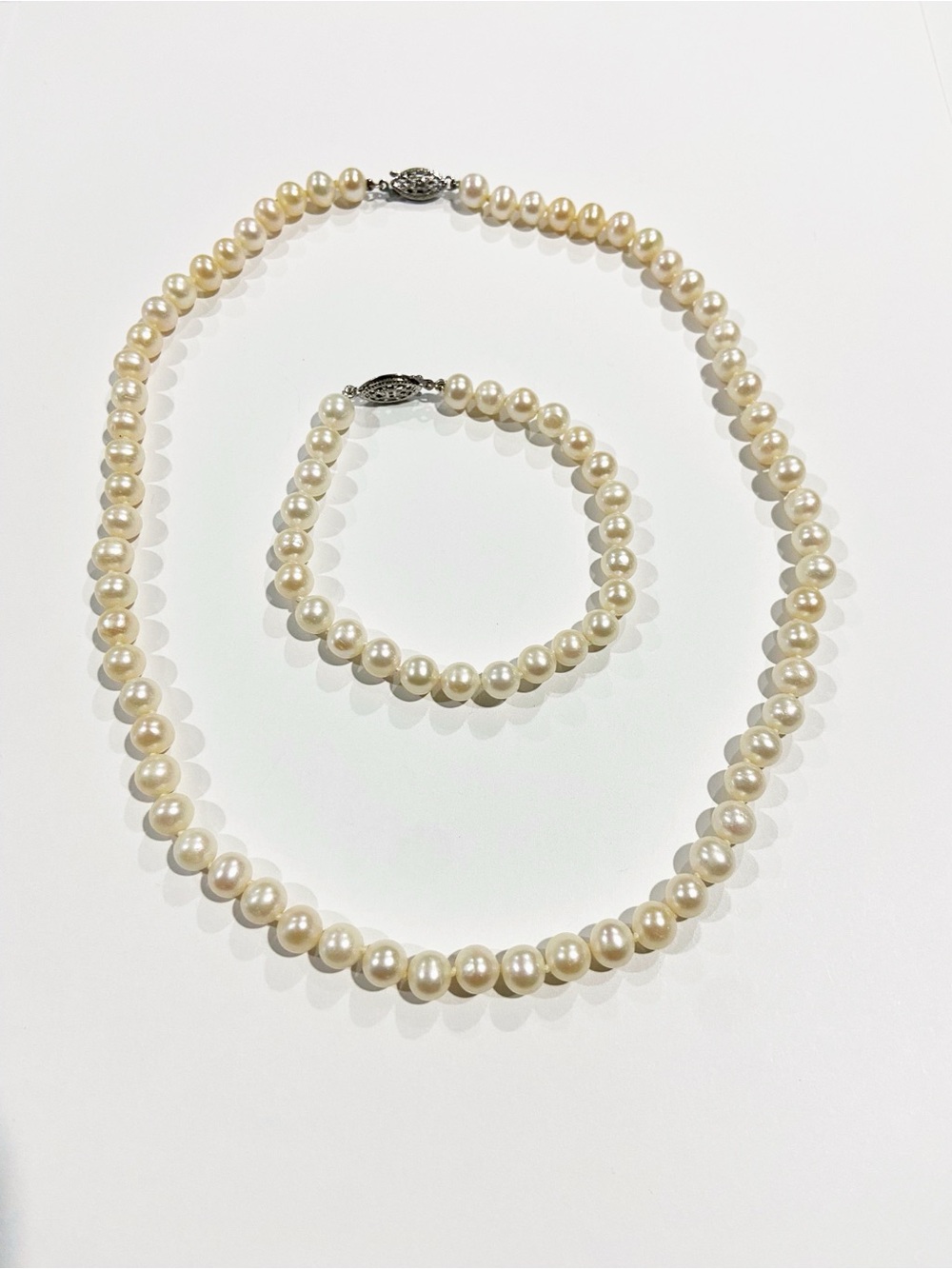 925 Sterling Silver Freshwater Pearl Necklace and Bracelet Set 18” 7.5”